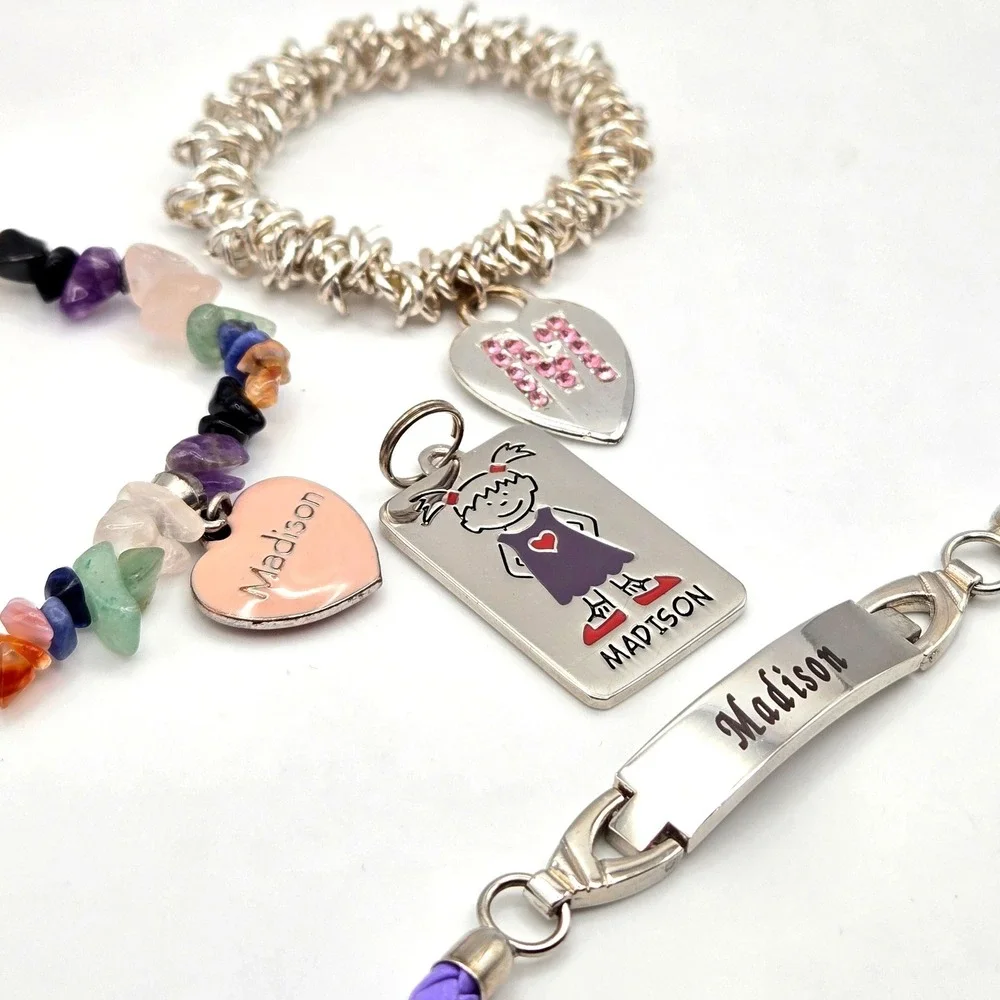 Personalized Name 'Madison' Charm Bracelet Set Girl Silver Tone‎ Gemstone Enamel